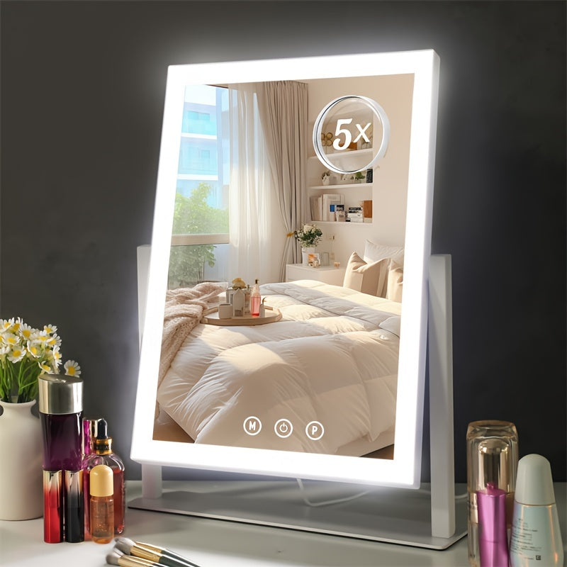 Niuphia Lighted Makeup Mirror, Adjustable LED Lighting, USB Powered, 5000Mah Rechargeable Battery, Touch Control, 360° Swivel, Polished Metal Frame.