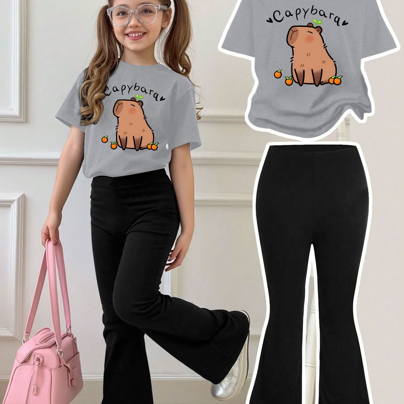 Girls Summer Breathable And Comfortable Fashion Casual Suit Capibara Print Round Neck Short-Sleeved T-Shirt + Flared Trousers Two-Piece Suit for Outdoor