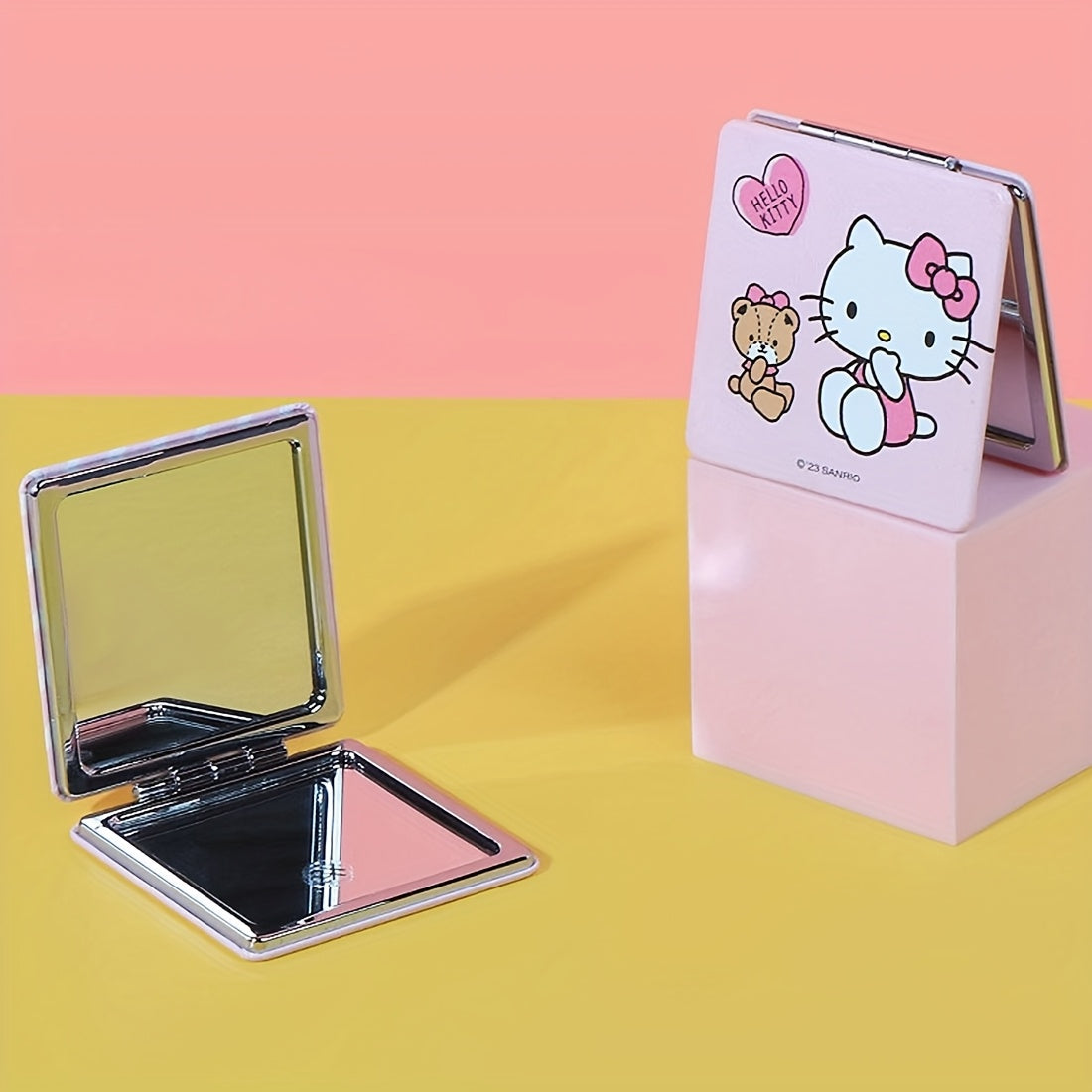MINISO Hello Kitty Double-Sided Pink Striped Folding Mirror - Portable Square Travel Makeup Mirror with Cute Cartoon Design, Teddy Bear & Hearts, Durable Plastic Compact for On-the-Go, Playful Aesthetic