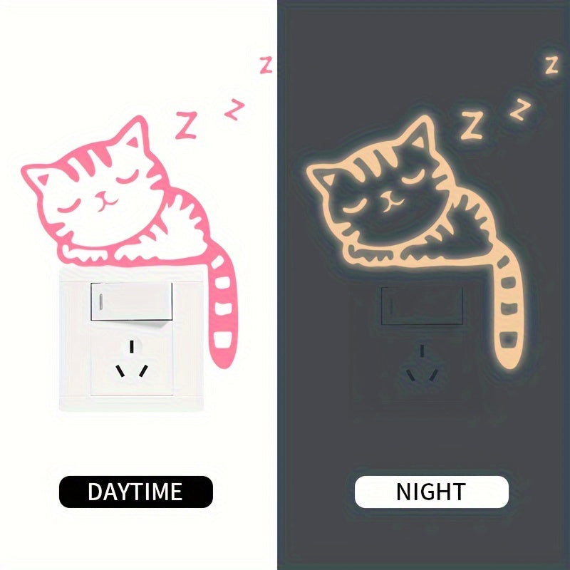 Glow-in-the-Dark Cat Wall Stickers - Removable Vinyl Decals for Light Switch, Creative Home Decor in Blue & Green, Adds Whimsical Touch to Living Room or Bedroom, Playful Room Decor | Whimsical Cat Design | Removable Sticker