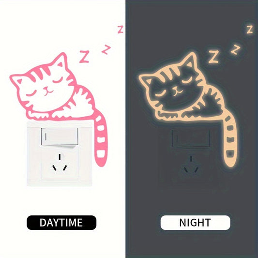 Glow-in-the-Dark Cat Wall Stickers - Removable Vinyl Decals for Light Switch, Creative Home Decor in Blue & Green, Adds Whimsical Touch to Living Room or Bedroom, Playful Room Decor | Whimsical Cat Design | Removable Sticker