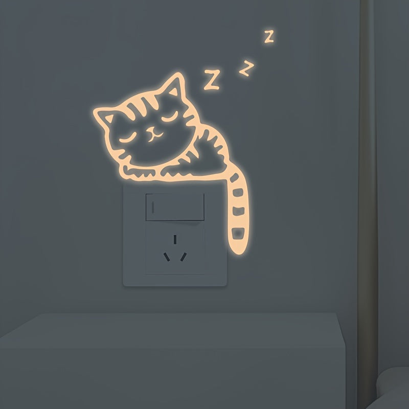 Glow-in-the-Dark Cat Wall Stickers - Removable Vinyl Decals for Light Switch, Creative Home Decor in Blue & Green, Adds Whimsical Touch to Living Room or Bedroom, Playful Room Decor | Whimsical Cat Design | Removable Sticker