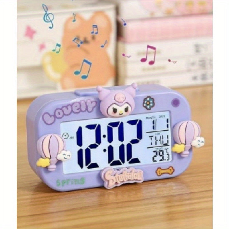 Sanrio Kuromi & Cinnamoroll Alarm Clock with Digital Display, Temperature & Date Function - Cute Cartoon Character Design, Pastel Purple & Yellow, Battery-Powered Mini Clock for Bedroom, Dorm, Desk Decor (AA Battery Not Inclu