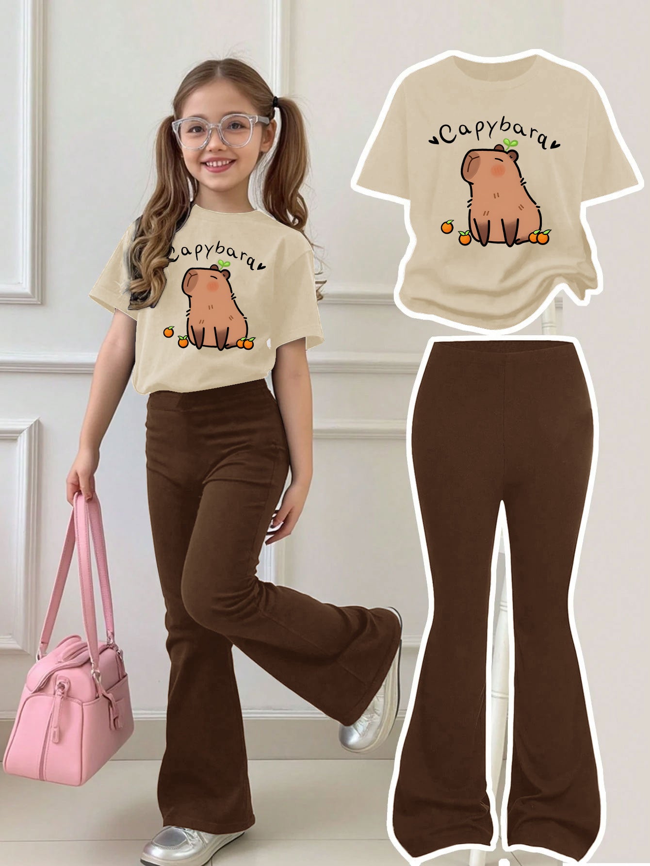 Girls Summer Breathable And Comfortable Fashion Casual Suit Capibara Print Round Neck Short-Sleeved T-Shirt + Flared Trousers Two-Piece Suit for Outdoor