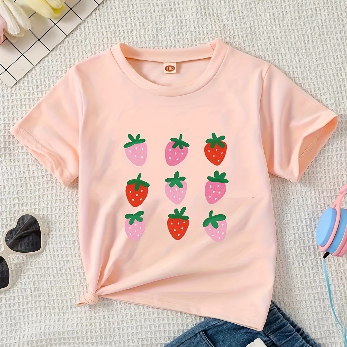Women'S Casual Strawberry Print T-Shirt - Soft, Stretchy Knit Top with Round Neck, Short Sleeve, Spring/Summer/Fall Style, Comfortable Fit, Casual Wear | Playful Print Top | Comfortable Fit Top, Strawberry Top