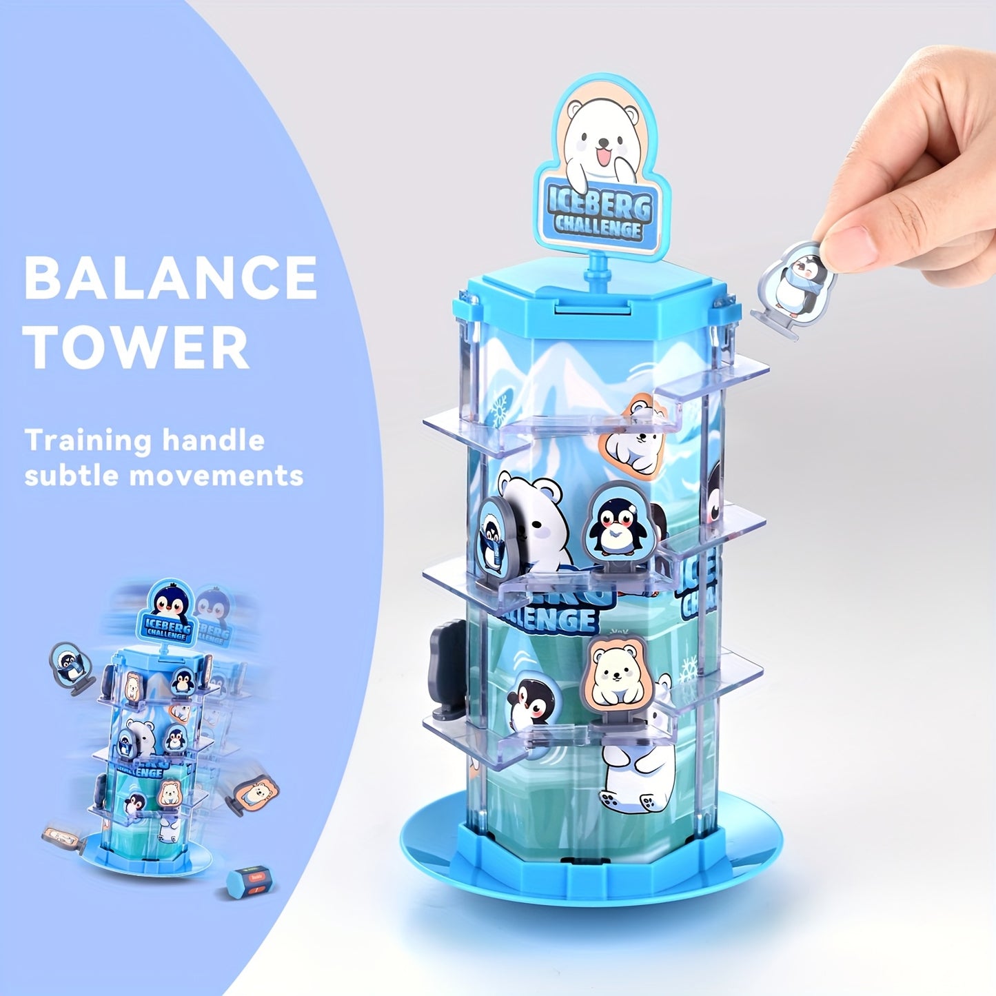 CalmCircuit Penguin Bear Balance Tower Toy - 2-Player Interactive Educational Game for Critical Thinking, Stack Attack Board Game with Snow Theme, Portable Travel & Party Fun for Family Game Nights (White/Blue/Transparent), I